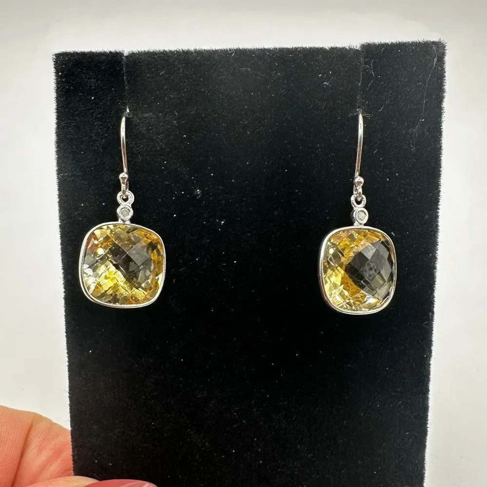 7.11cts faceted checkerboard cushion cut citrine on 925‎ dangle earrings!